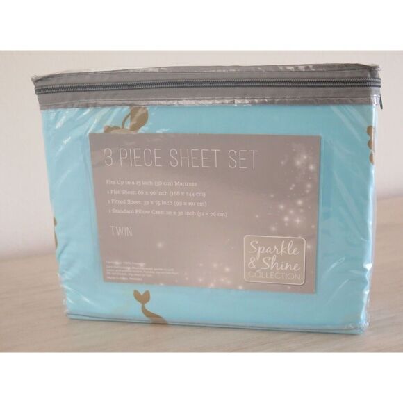 Sparkle & Shine Collection Aqua Blue Glitter Gold Mermaid 3Pc TWIN Sheet Set $68 - Picture 4 of 10